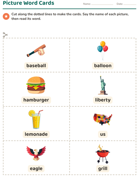 Preview of Picture Word Cards worksheet featuring 4th of July for kindergarten