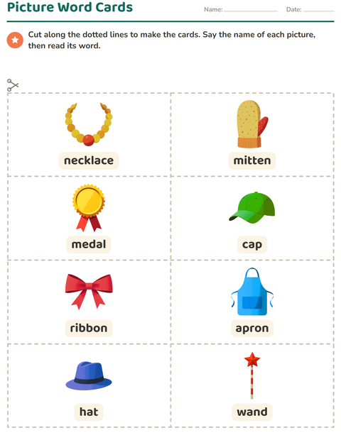 Preview of Picture Word Cards worksheet featuring Accessories for kindergarten
