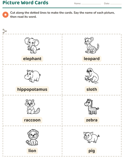 Preview of Picture Word Cards worksheet featuring Animals BW 2 for kindergarten