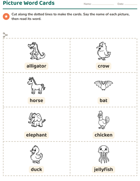 Preview of Picture Word Cards worksheet featuring Animals BW 3 for kindergarten