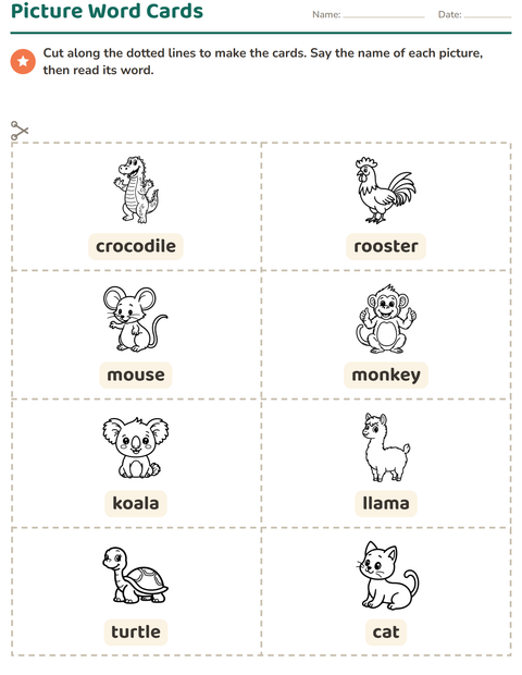 Preview of Picture Word Cards worksheet featuring Animals BW 4 for kindergarten