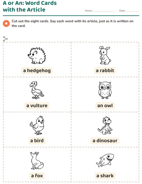 Preview of Picture Word Cards worksheet featuring Animals BW 5 for kindergarten