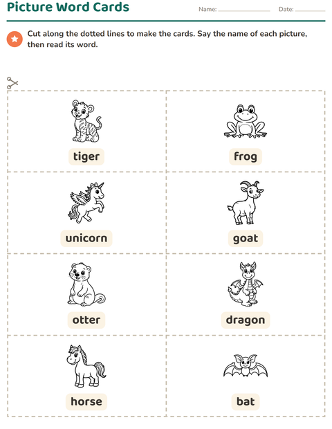 Preview of Picture Word Cards worksheet featuring Animals BW for kindergarten