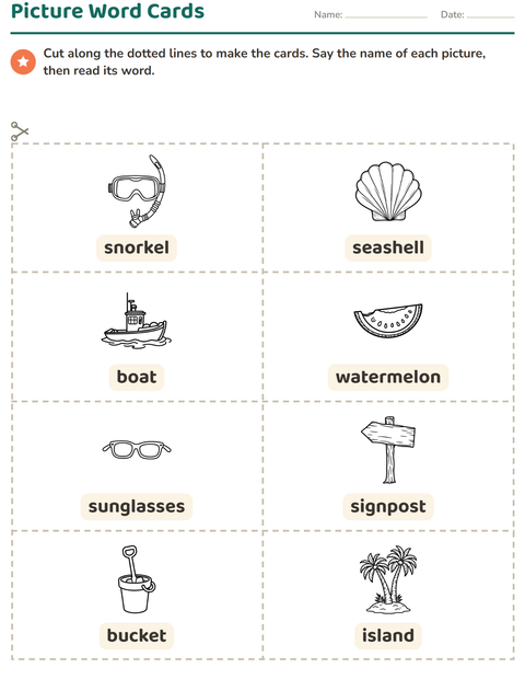 Preview of Picture Word Cards worksheet featuring Beach BW 2 for kindergarten