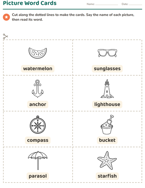 Preview of Picture Word Cards worksheet featuring Beach BW for kindergarten