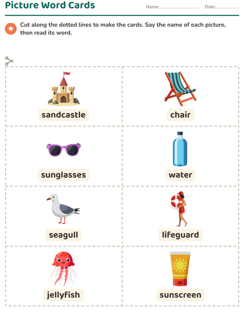Preview of Picture Word Cards worksheet featuring Beach for kindergarten