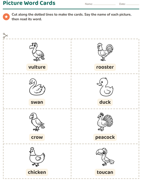 Preview of Picture Word Cards worksheet featuring Birds BW 2 for kindergarten