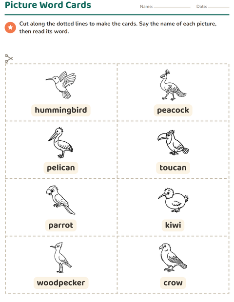 Preview of Picture Word Cards worksheet featuring Birds BW for kindergarten