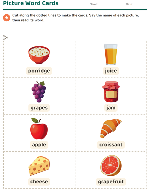 Preview of Picture Word Cards worksheet featuring Breakfast for kindergarten
