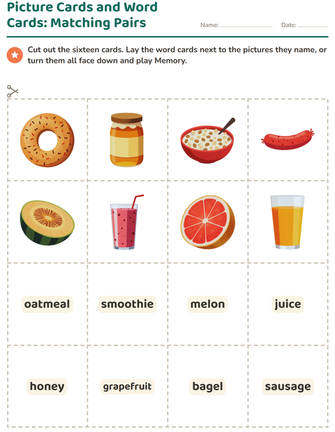 Preview of Picture Word Cards worksheet featuring Breakfast for kindergarten
