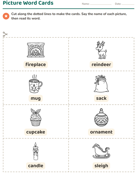 Preview of Picture Word Cards worksheet featuring Christmas B&W 2 for kindergarten