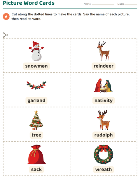 Preview of Picture Word Cards worksheet featuring Christmas for kindergarten