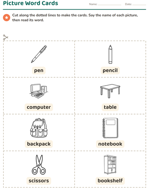 Preview of Picture Word Cards worksheet featuring Classroom 2 (B&W) for kindergarten