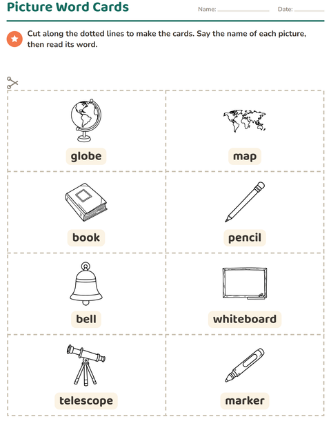 Preview of Picture Word Cards worksheet featuring Classroom (B&W) for kindergarten