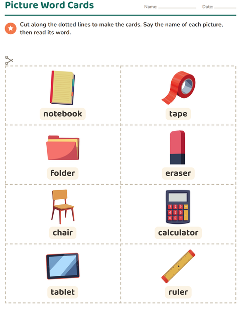 Preview of Picture Word Cards worksheet featuring Classroom for kindergarten