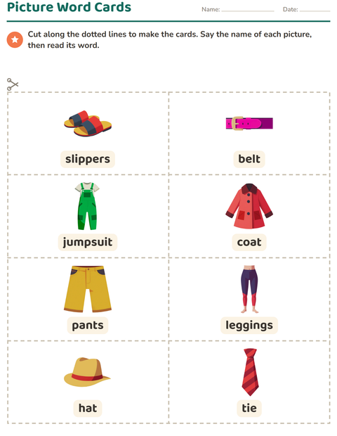 Preview of Picture Word Cards worksheet featuring Clothing for kindergarten