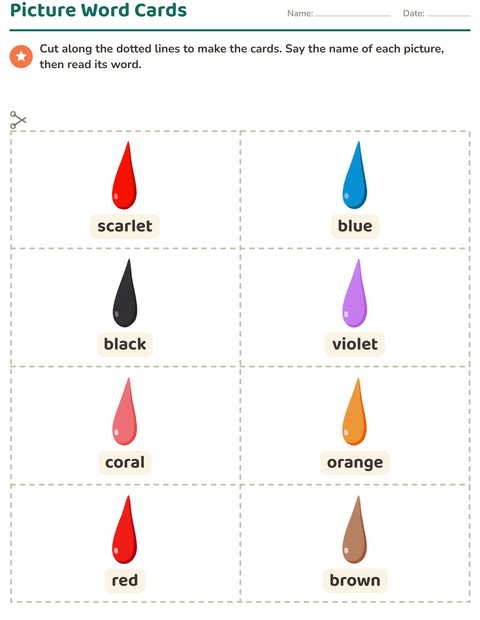 Preview of Picture Word Cards worksheet featuring Colors for kindergarten