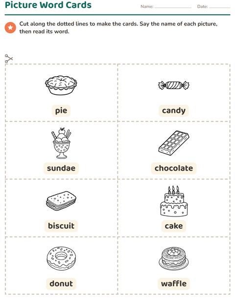 Preview of Picture Word Cards worksheet featuring Dessert (B&W) for kindergarten