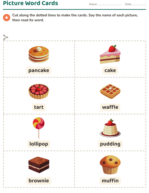 Preview of Picture Word Cards worksheet featuring Desserts and Sweets for kindergarten