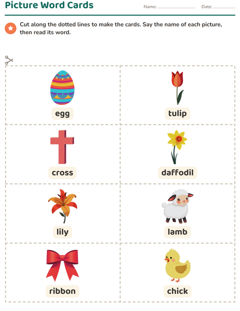 Preview of Picture Word Cards worksheet featuring Easter for kindergarten