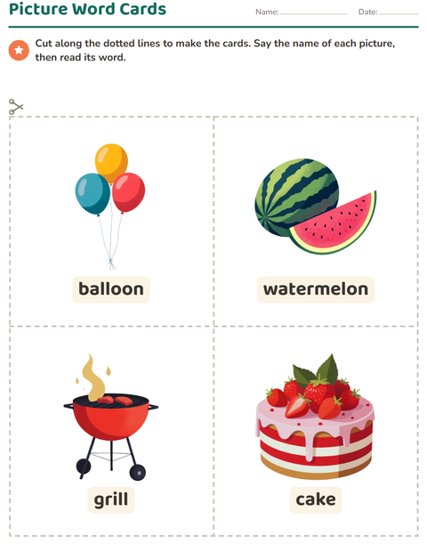 Preview of Picture Word Cards worksheet featuring 4th of July for kindergarten
