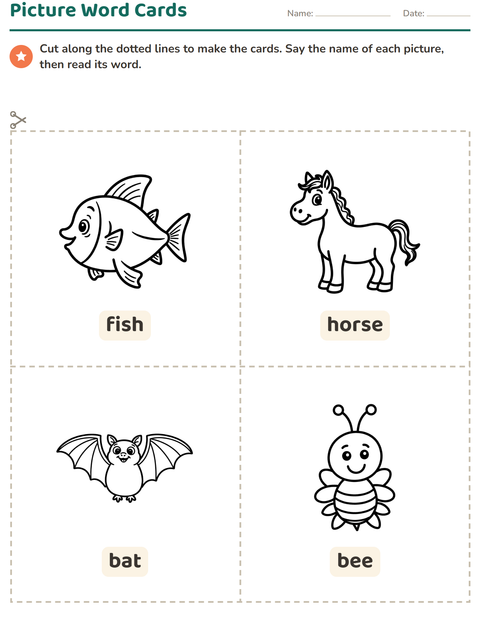 Preview of Picture Word Cards worksheet featuring Animals BW 3 for kindergarten