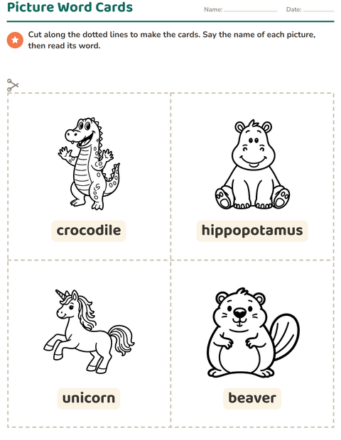 Preview of Picture Word Cards worksheet featuring Animals BW 4 for kindergarten