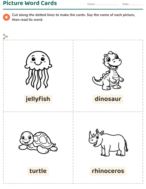 Preview of Picture Word Cards worksheet featuring Animals BW 5 for kindergarten