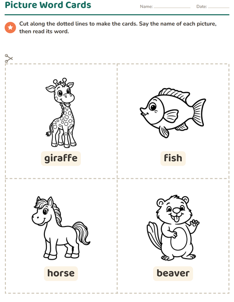 Preview of Picture Word Cards worksheet featuring Animals BW for kindergarten