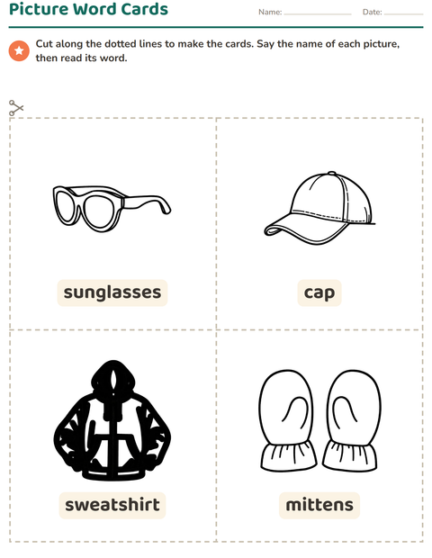 Preview of Picture Word Cards worksheet featuring Apparel BW for kindergarten
