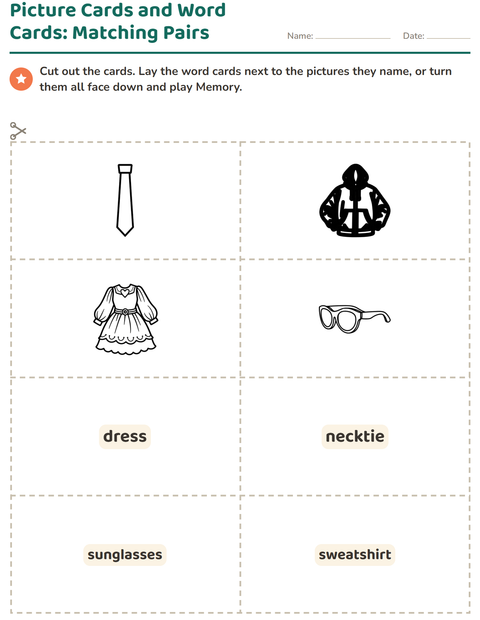 Preview of Picture Word Cards worksheet featuring Apparel BW for kindergarten