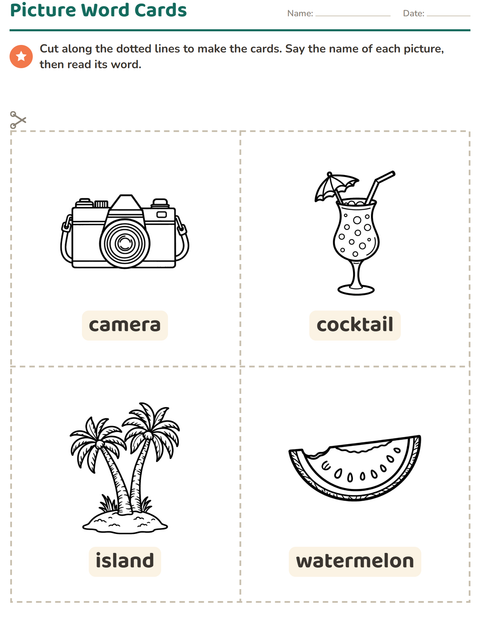 Preview of Picture Word Cards worksheet featuring Beach BW 2 for kindergarten