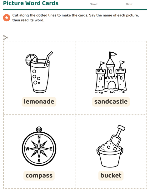 Preview of Picture Word Cards worksheet featuring Beach BW for kindergarten