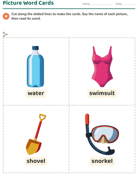 Preview of Picture Word Cards worksheet featuring Beach for kindergarten