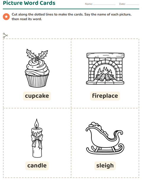 Preview of Picture Word Cards worksheet featuring Christmas B&W 2 for kindergarten