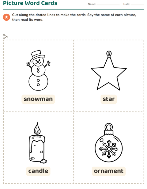 Preview of Picture Word Cards worksheet featuring Christmas B&W for kindergarten