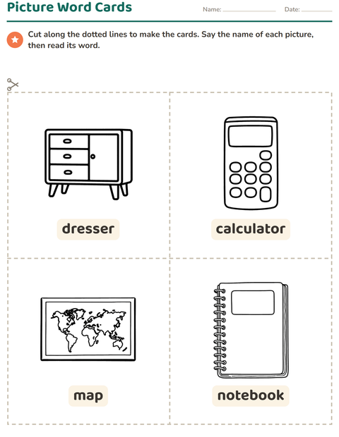Preview of Picture Word Cards worksheet featuring Classroom 2 (B&W) for kindergarten