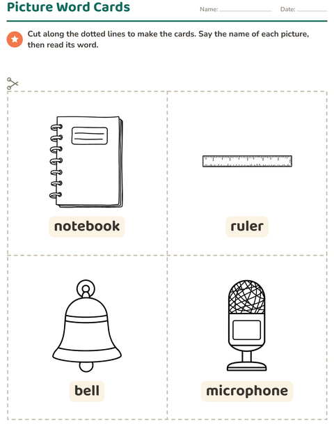 Preview of Picture Word Cards worksheet featuring Classroom (B&W) for kindergarten