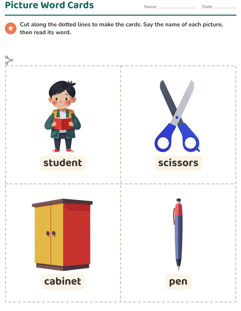 Preview of Picture Word Cards worksheet featuring Classroom for kindergarten