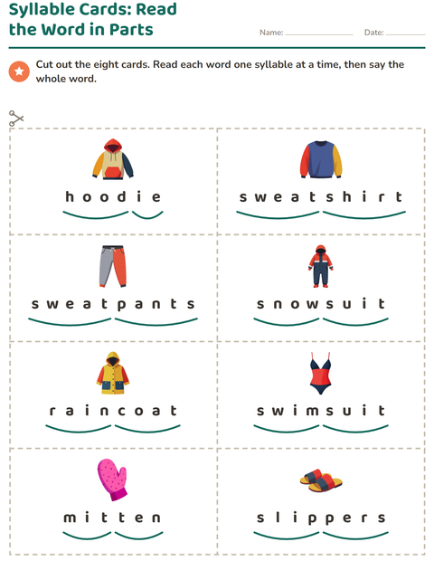 Preview of Picture Word Cards worksheet featuring Clothing for grade 1