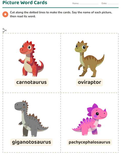 Preview of Picture Word Cards worksheet featuring Dinosaurs for kindergarten