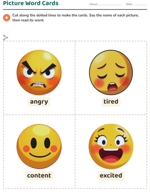 Preview of Picture Word Cards worksheet featuring Emotions for kindergarten