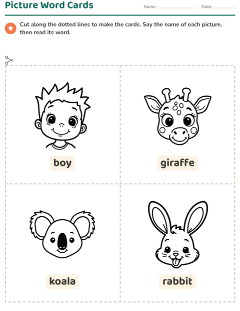 Preview of Picture Word Cards worksheet featuring Faces BW for kindergarten