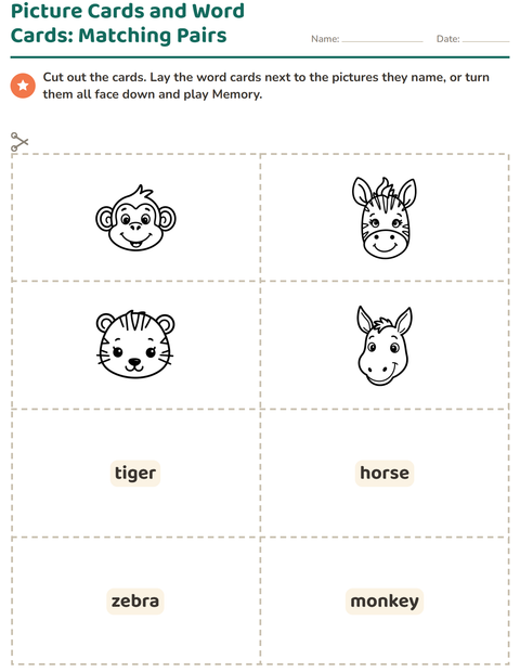 Preview of Picture Word Cards worksheet featuring Faces BW for kindergarten