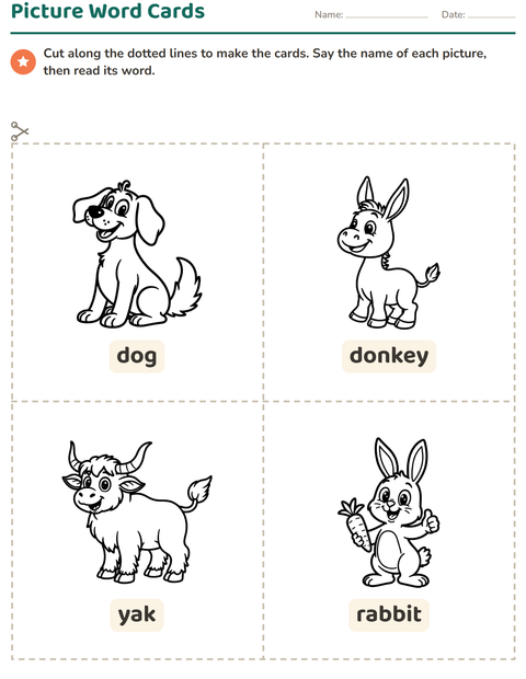 Preview of Picture Word Cards worksheet featuring Farm Animals BW for kindergarten