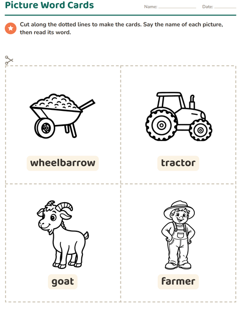 Preview of Picture Word Cards worksheet featuring Farm BW for kindergarten
