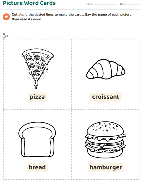 Preview of Picture Word Cards worksheet featuring Food BW 3 for kindergarten