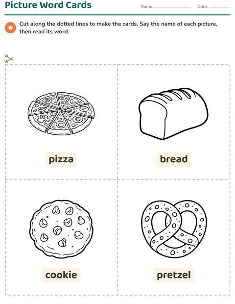 Preview of Picture Word Cards worksheet featuring Food BW for kindergarten