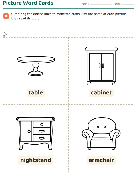 Preview of Picture Word Cards worksheet featuring Furniture BW for kindergarten