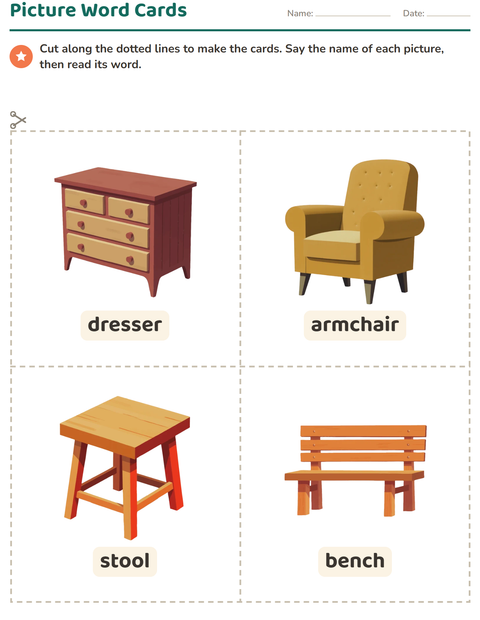 Preview of Picture Word Cards worksheet featuring Furniture for kindergarten